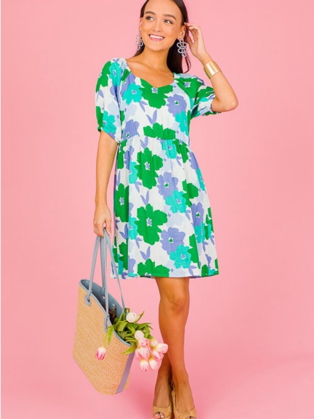 Michelle McDowell Bailey Dress L Green Blue Floral Cotton Gauze Puff Sleeve